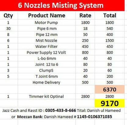 6 Nozzles Water Misting System kit